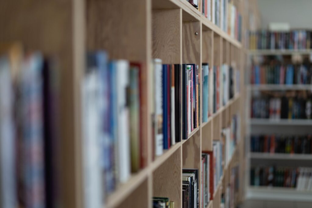 Bookcase in a bookstore or public library.